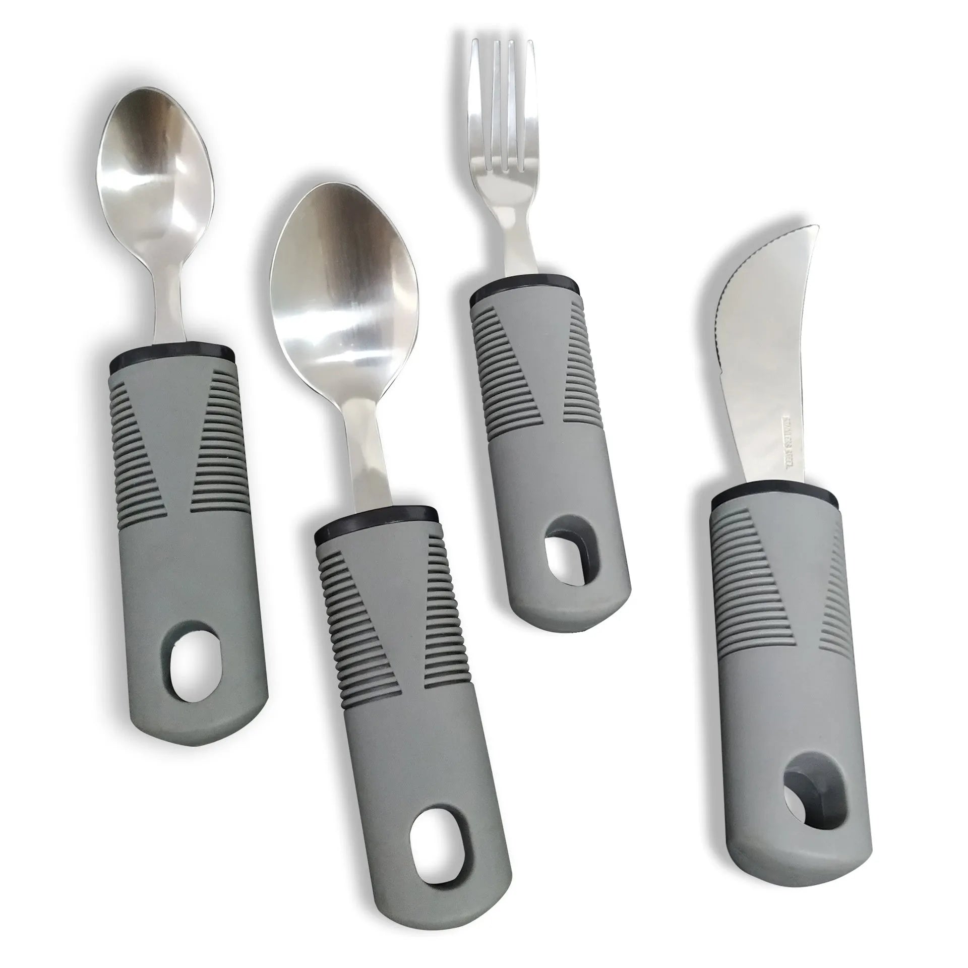 Stainless steel adaptive eating utensils with rubber anti-shake handles for elderly dining assistance