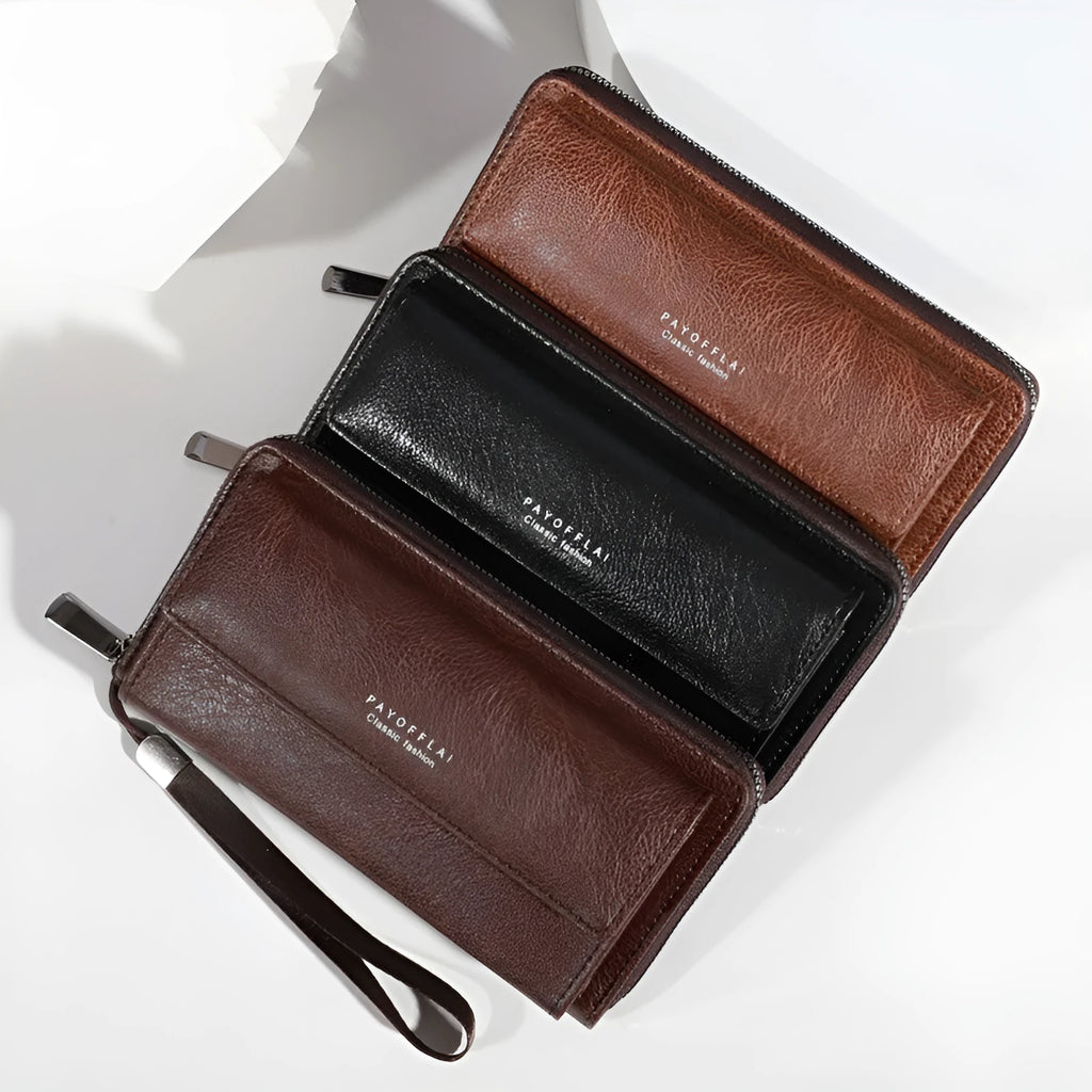 Men's black PU leather long wallet showing multiple card slots and measuring 19x10.5x4 cm