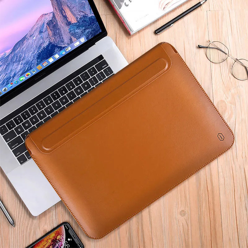 PU leather notebook liner protective case in dark blue with soft handle and hook-and-loop closure, size for 13.3 inch laptop