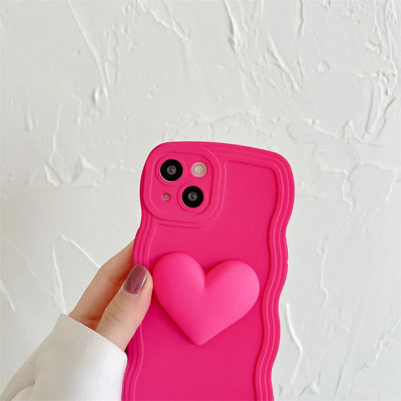 Silicone wavy edge phone case with love ball chain in Rose Red for iPhone 14 Pro Max