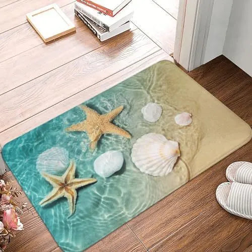 Personalised flannel floor mat in a choice of coastal starfish, cherry, or cow print designs on polyester fabric.
