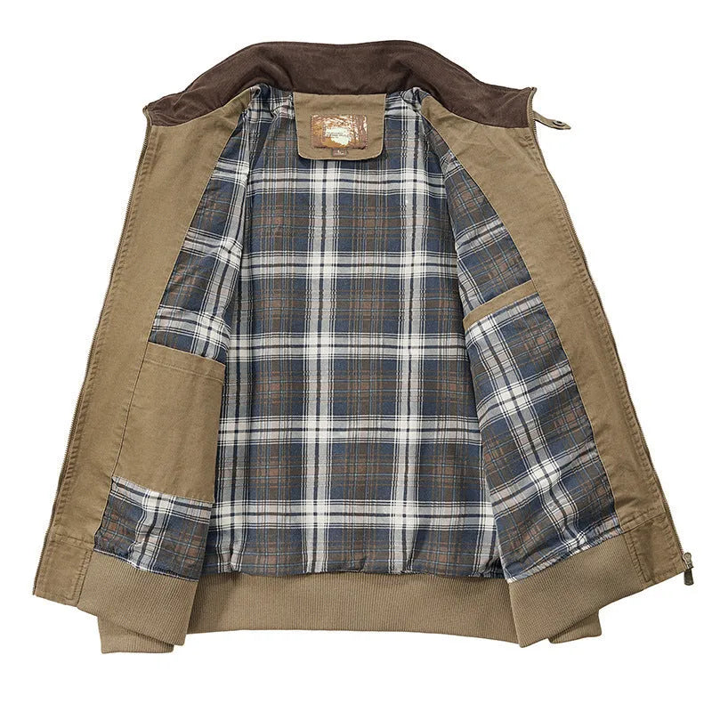 Men's washed cotton baseball jacket in Army Green, shown on a hanger.