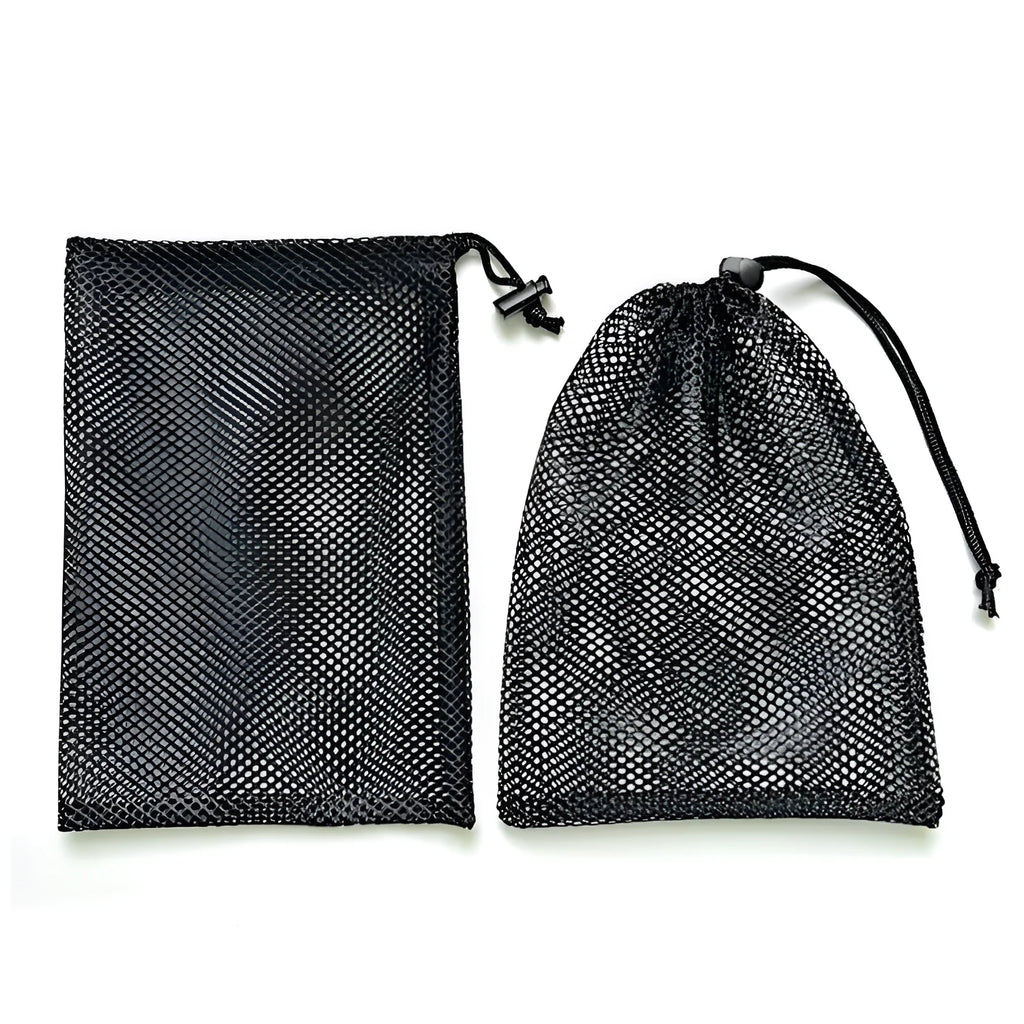 Black mesh drawstring storage bag showing grid pattern and closure