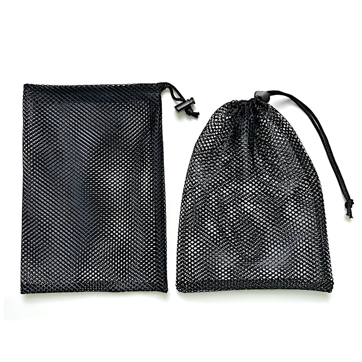 Black mesh drawstring storage bag showing grid pattern and closure