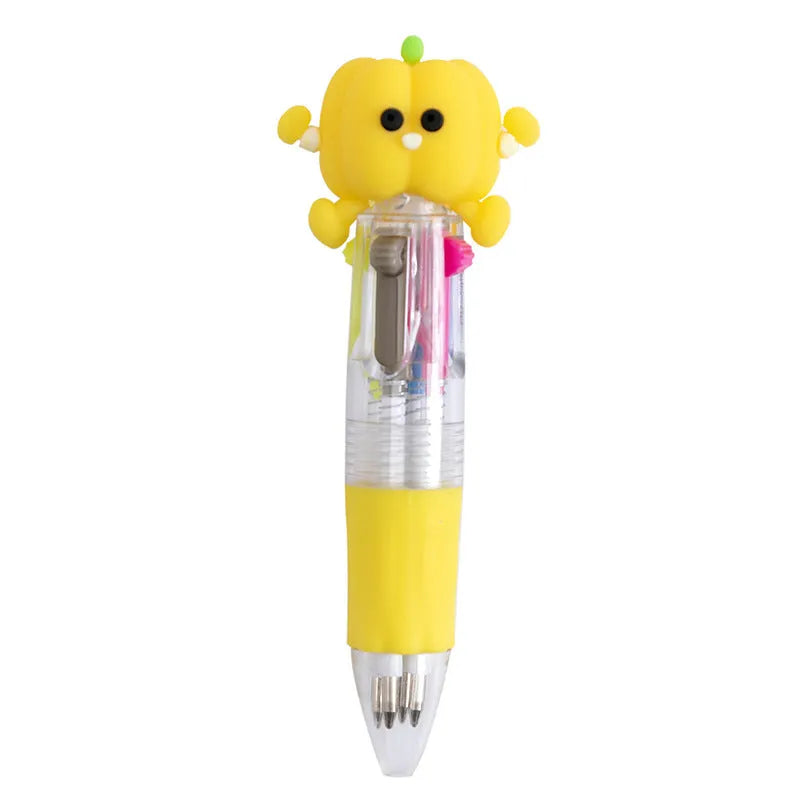 A cartoon-themed press-type ballpoint pen showing four-colour cartridge and a random print design on a silicone and plastic barrel.