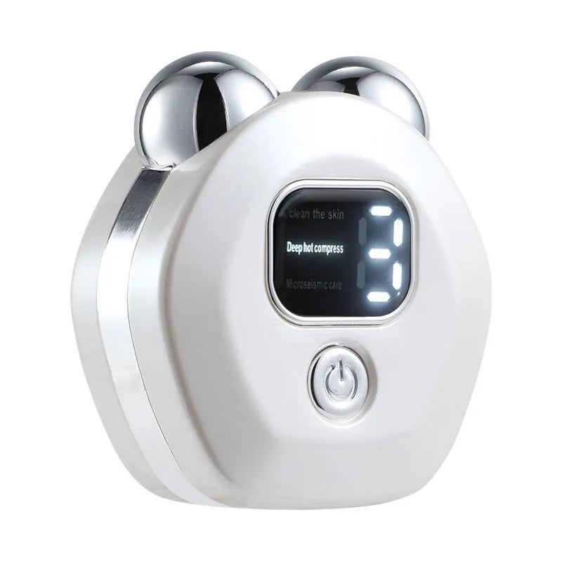 Portable white micro current facial massager with hot compress and double rollers for skin rejuvenation