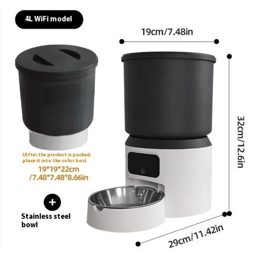 4-litre smart pet feeder with a smartphone showing remote control app and optional camera.