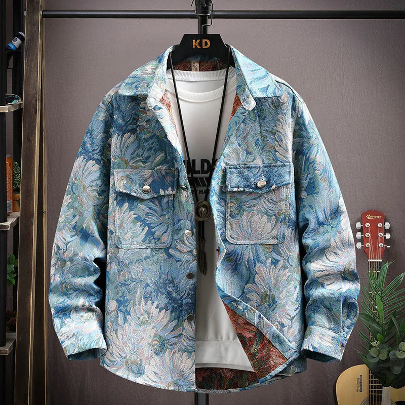 Casual lapel shirt coat in blue with long sleeves and straight hem on a hanger