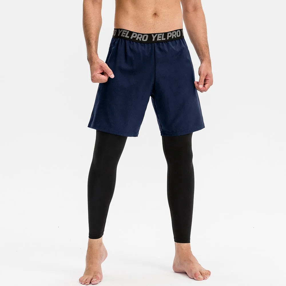 Men's grey quick-drying high elastic tight sports pants for fitness and running.