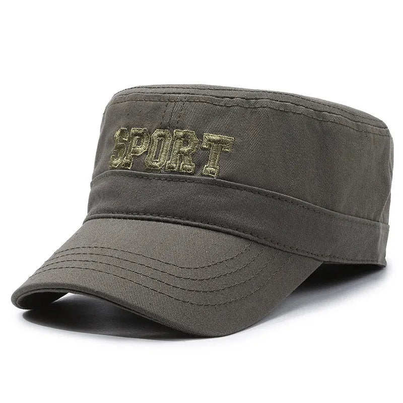 Men's flat-top peaked cotton cap in army green with adjustable strap and English letter detail