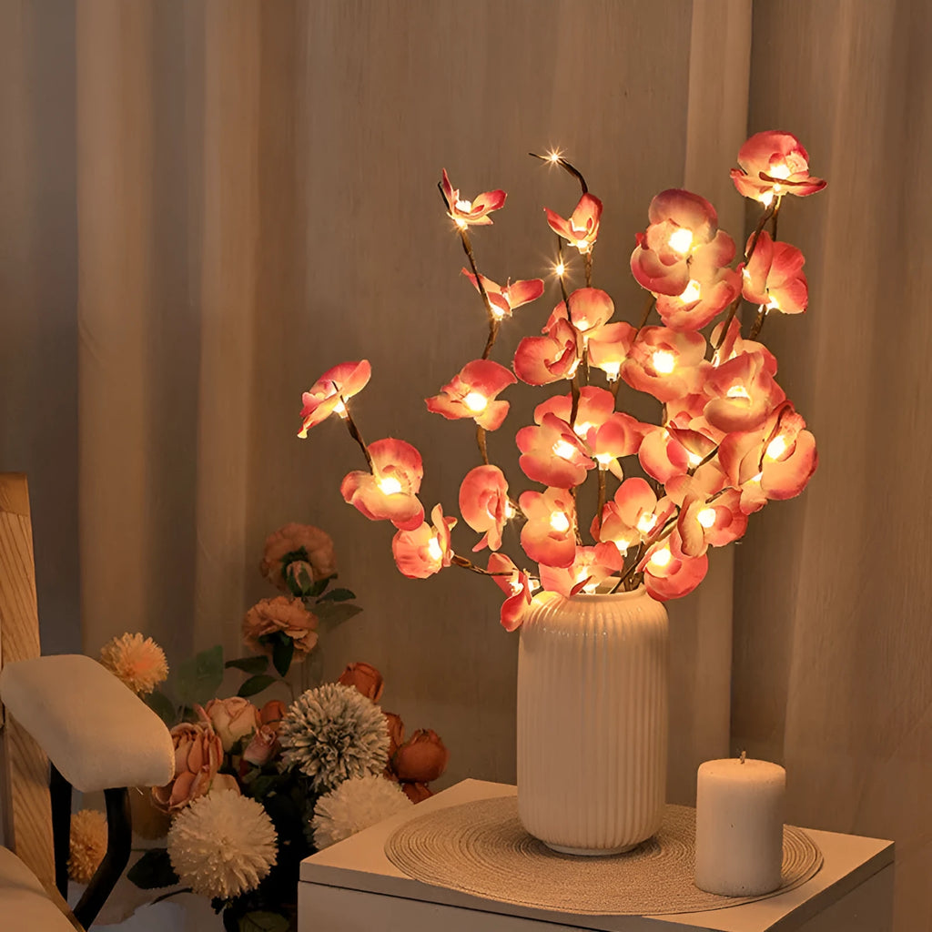 Pink phalaenopsis branch decorative LED light with 20 lights along 65cm battery-operated structure