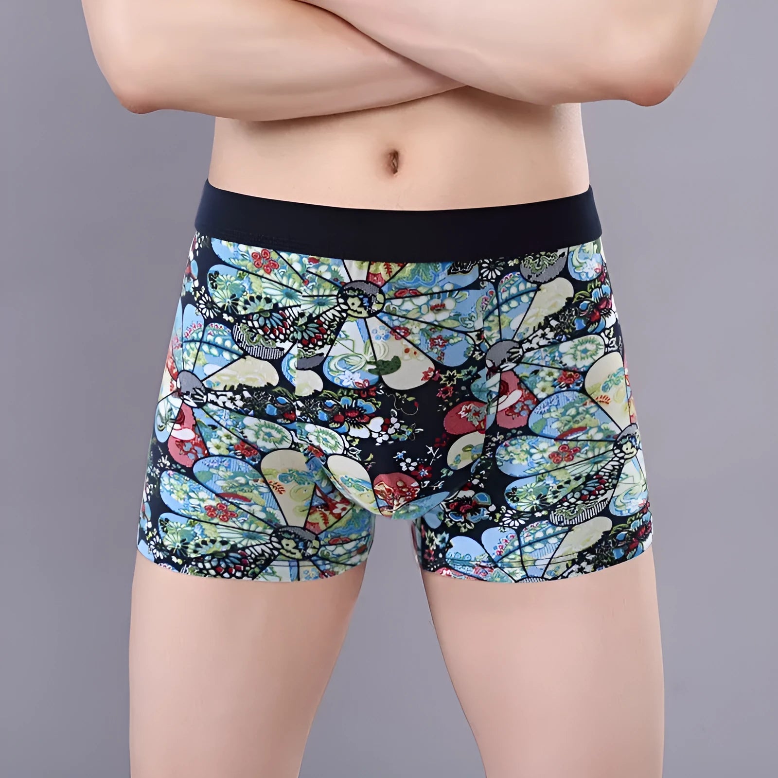Men's cotton boxer briefs with a U-shaped front design in a floral pattern colour.