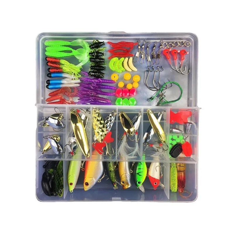 Junior entry-level fishing lure suit set in a hard black PP plastic storage box with multiple lures visible.