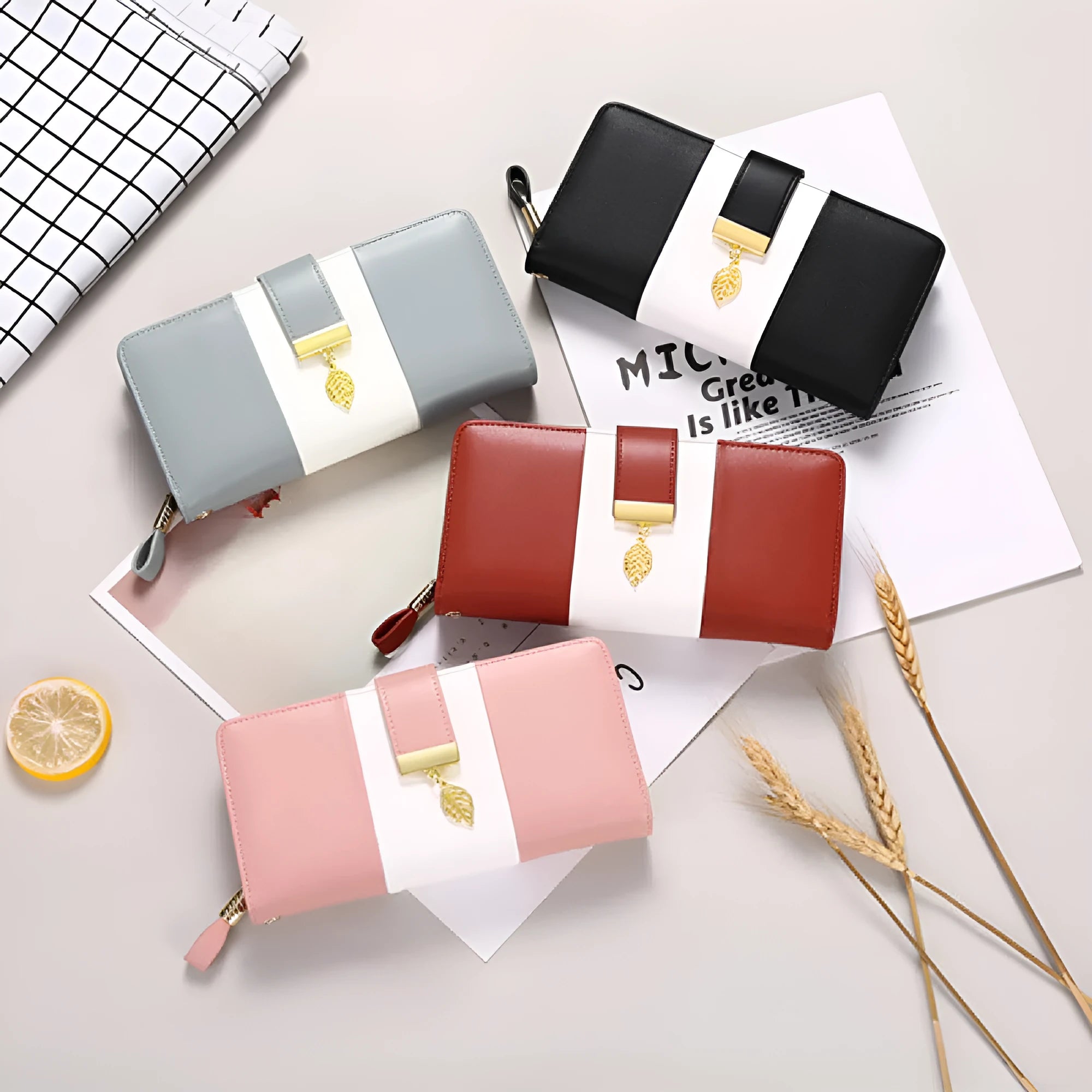 Anti-theft clutch bag in PU leather with zip lock closure, showing interior microfiber lining and compact design