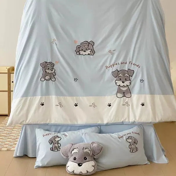 Schnauzer cartoon embroidered cotton bedding set showing quilt cover, sheet, and pillowcases in flat sheet style