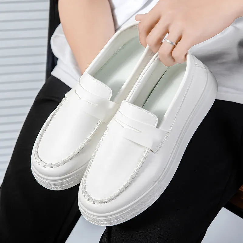British style casual leather shoes in artificial PU, round toe, shown in white, black and white, and khaki colours.