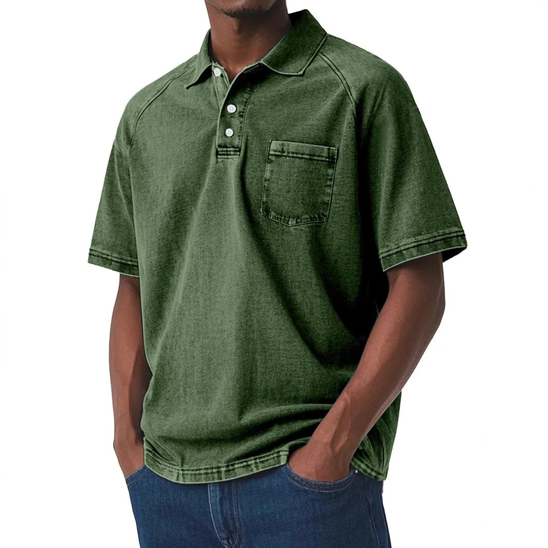 Plus size man modelling a printed short sleeve casual shirt in a loose Korean-style fit.
