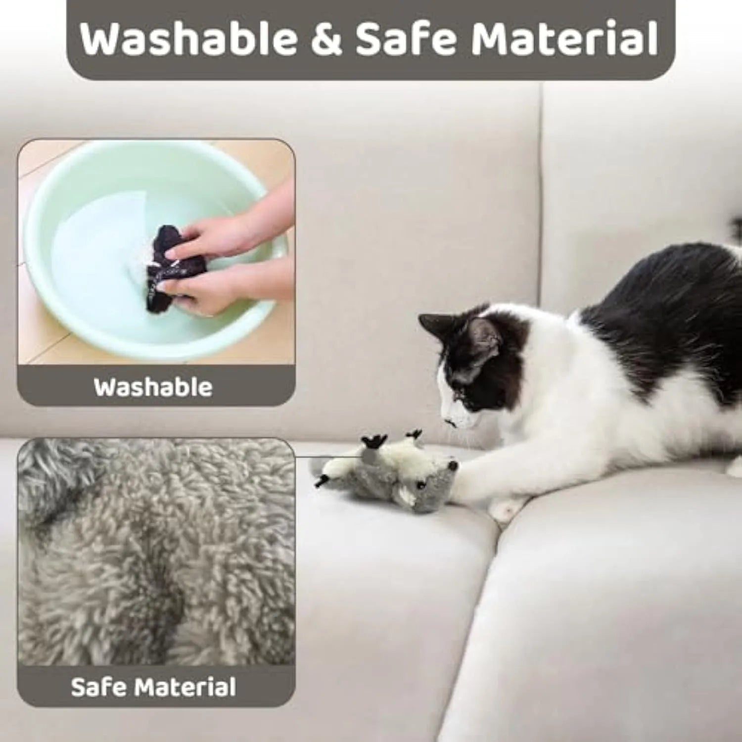 Gray flapping squirrel cat toy with motion sensor and USB charging cable