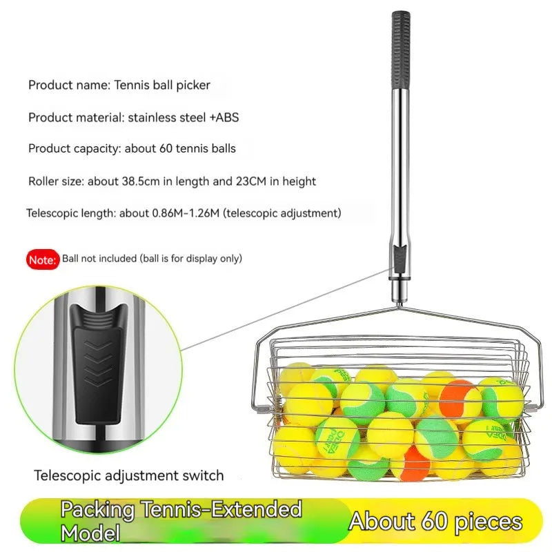 Stainless steel roller tennis ball picker with adjustable handle on a court.
