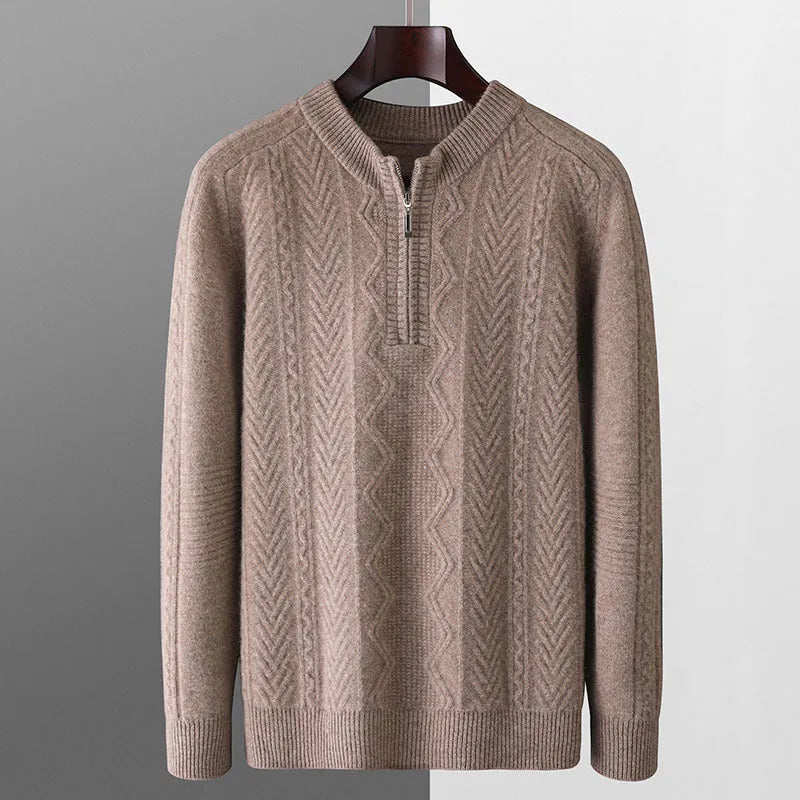 Men's pure wool diamond lattice pattern half-zip sweater in light camel colour