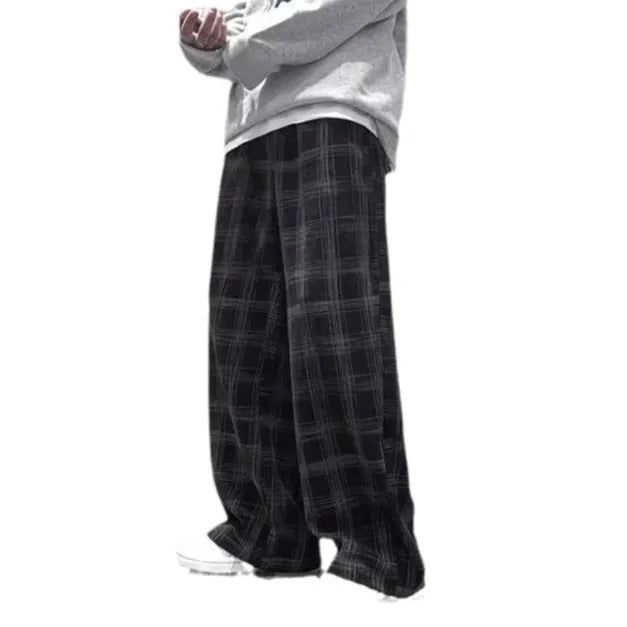 Japanese retro loose pants with plaid pattern in black or green, straight-leg cut, mid-waist design