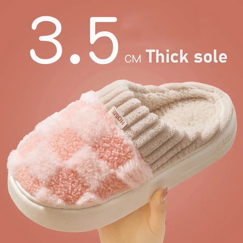 Women's plaid patterned plush slippers with polar fleece upper and non-slip PVC sole in coffee colour
