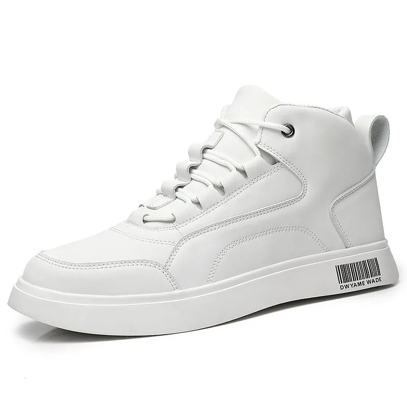 Men's white mid-top casual board shoes with round toe and front lace-up design