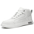 Men's white mid-top casual board shoes with round toe and front lace-up design