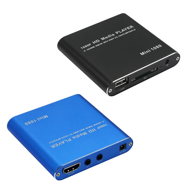 Blue 1080P Full HD media player with HDMI port USB and SD card slots compact metal body