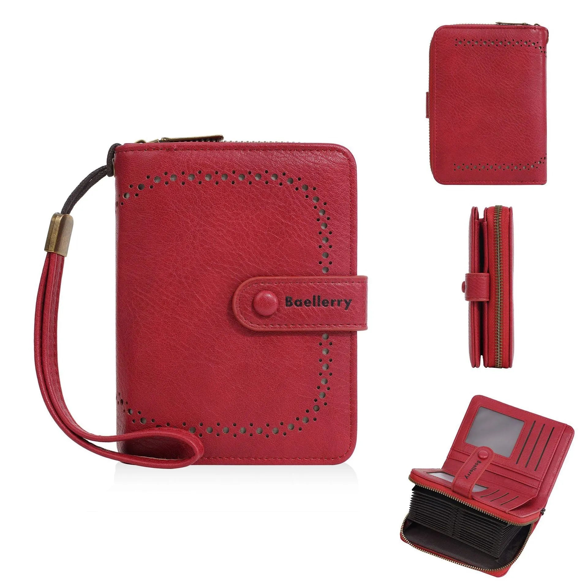 Women's black PU zipper coin purse showing integrated card slots and compact design