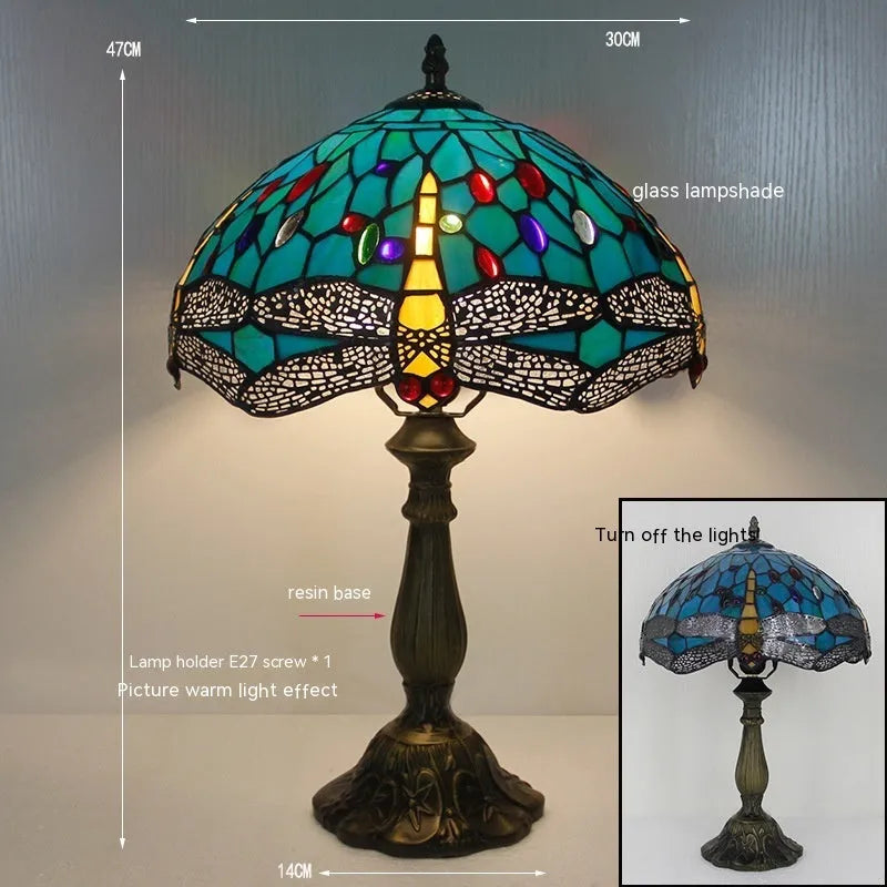 Stone table lamp with Tiffany-style dragonfly decoration in European design