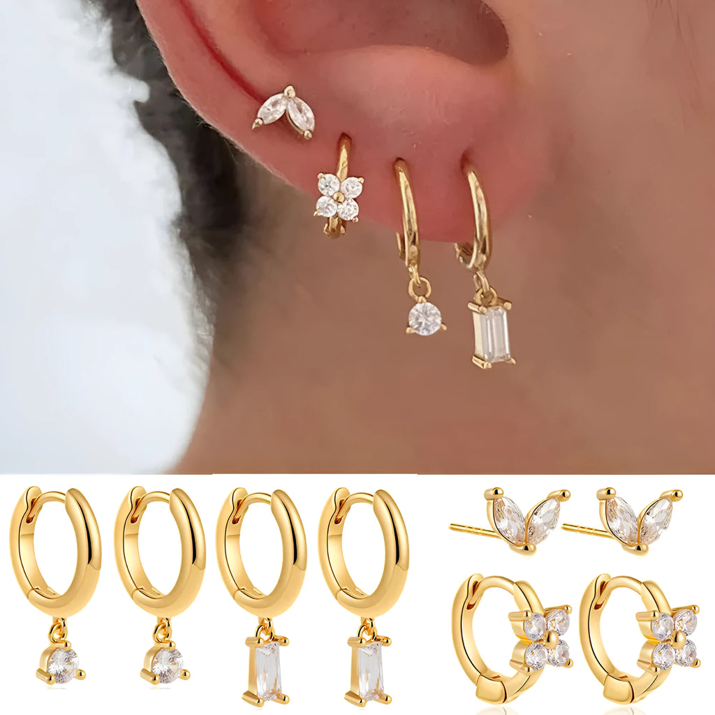 Copper geometric square earrings four-piece set with star designs and electroplated gold or silver finish
