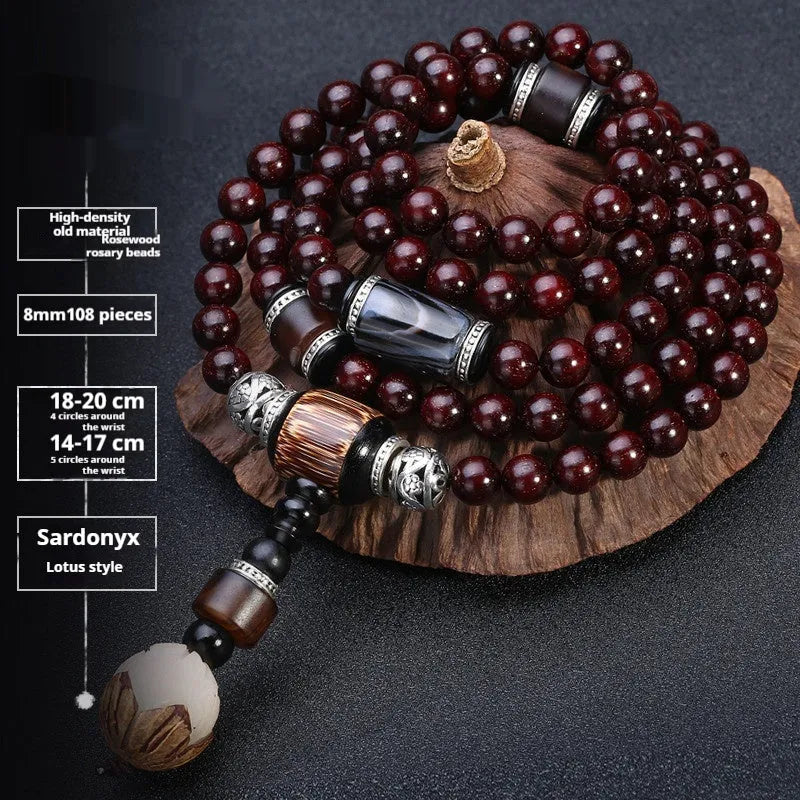 Men's rosewood bracelet with 108 beads showing lapis lazuli stone design option