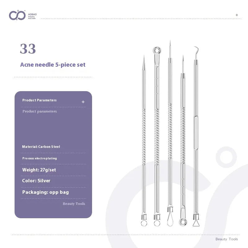 Four silver metal acne needles with pointed tips for skincare extraction