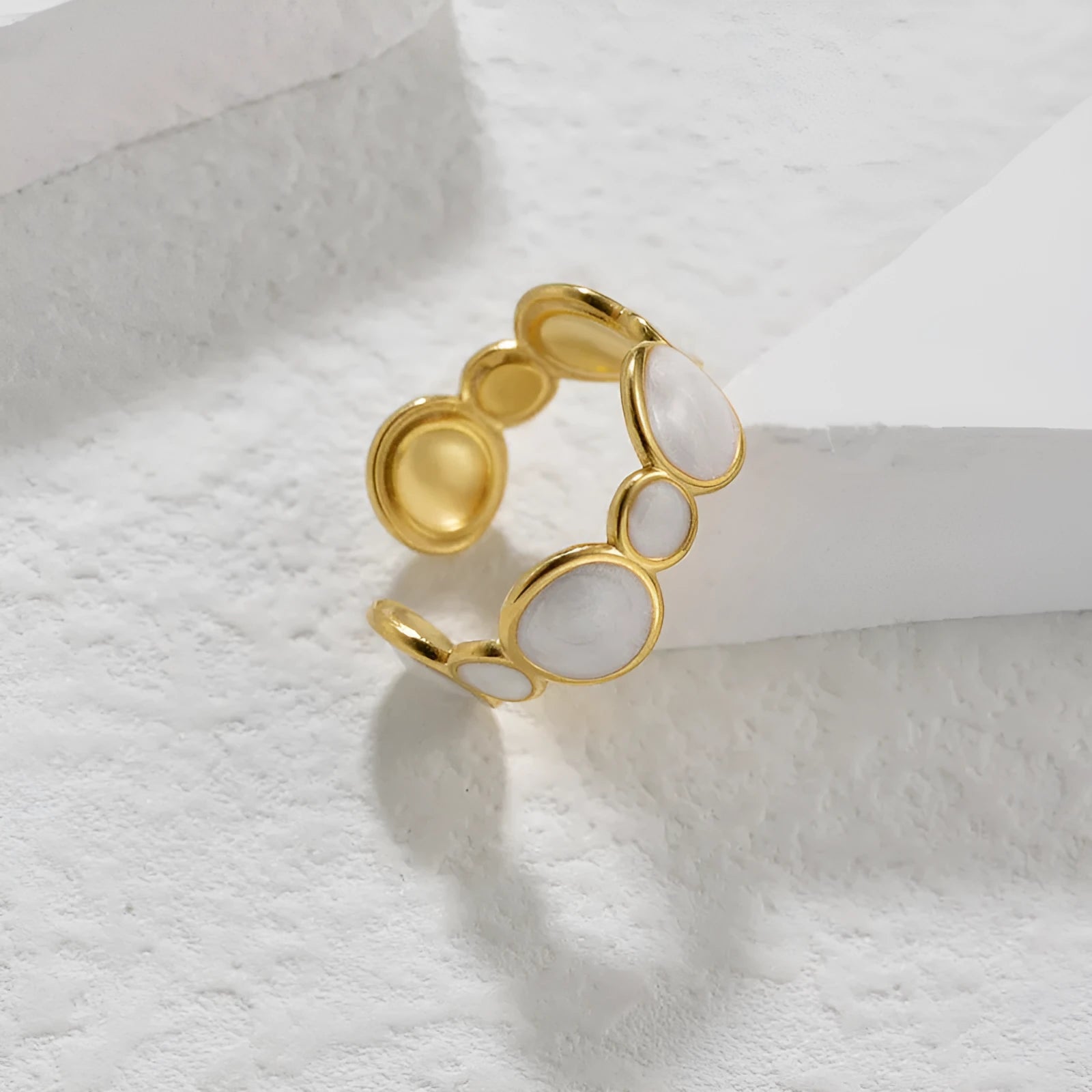 Geometric adjustable stainless steel ring with electroplated gold-colour finish