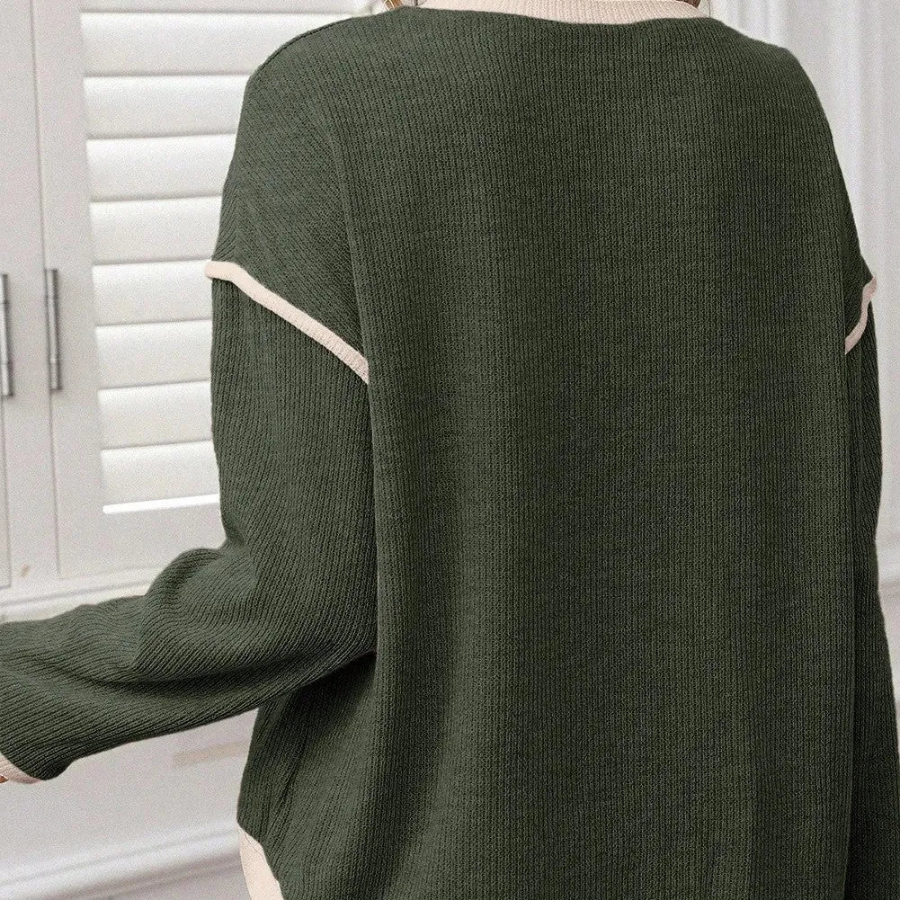 Loose-fitting drop shoulder knit top with Four Leaf Clover pattern contrast trim in beige colour