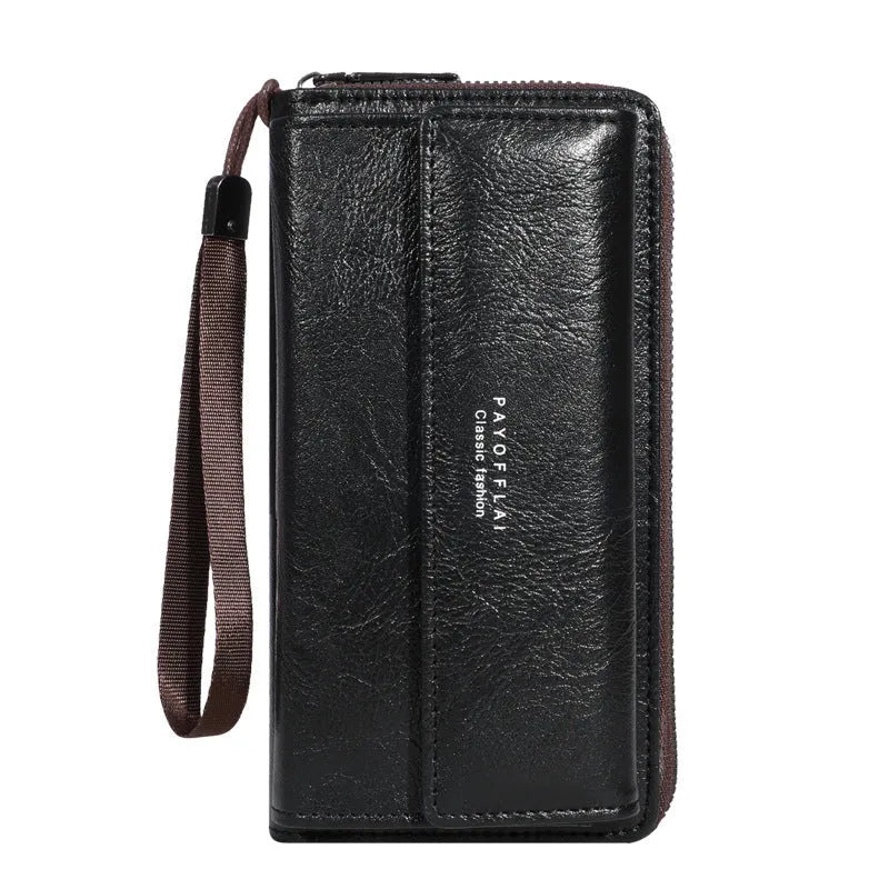 Men's black PU leather long wallet showing multiple card slots and measuring 19x10.5x4 cm