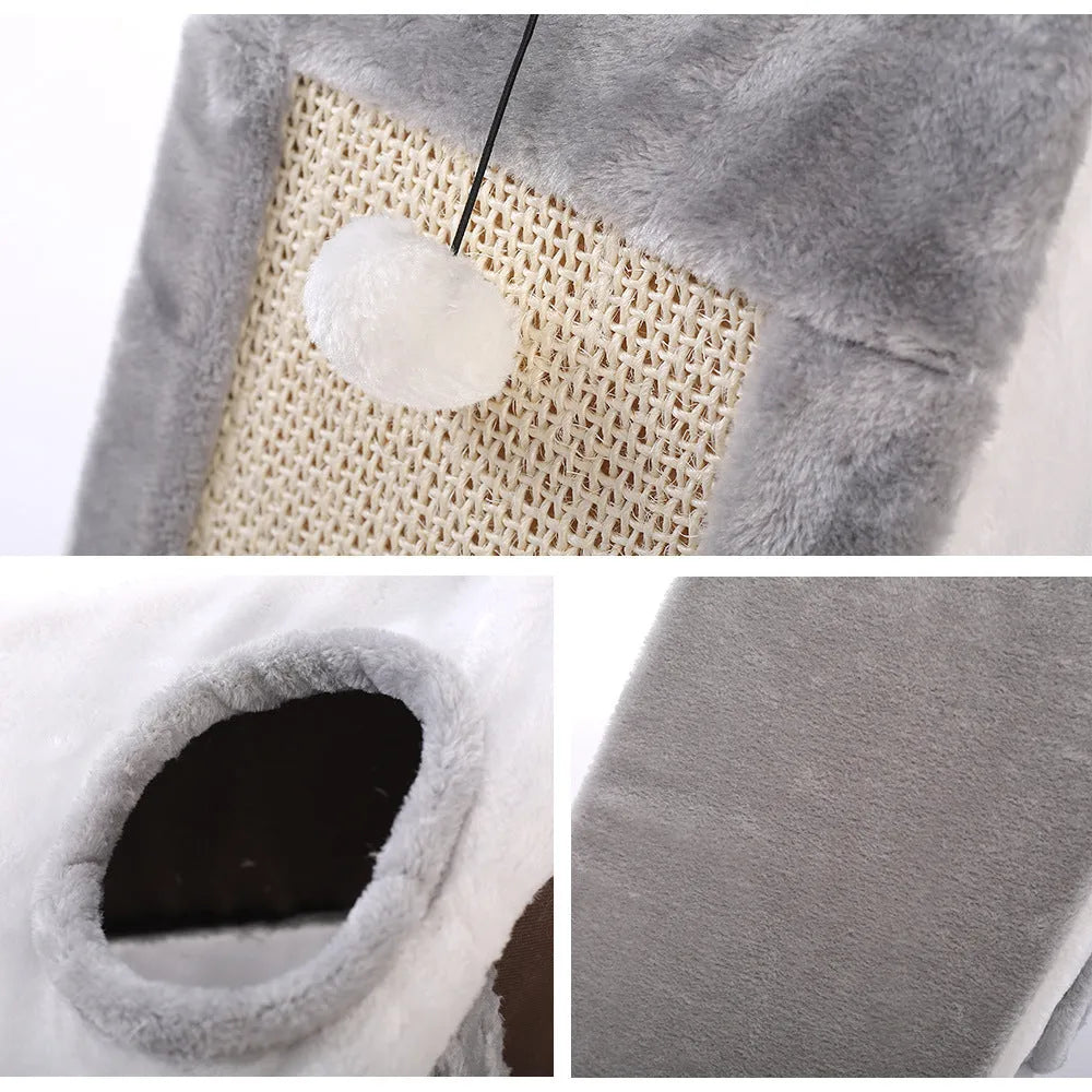 Grey and white triangular cat bed with sisal scratching surfaces, shown next to a light brown and beige version.