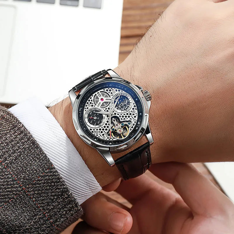 Men's waterproof automatic watch with luminous hands on steel bracelet, black dial, 13mm thick