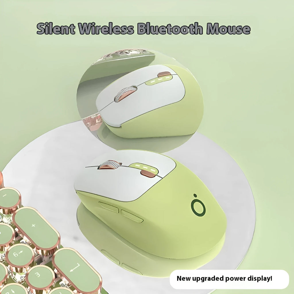 Mute wireless Bluetooth mouse in Matcha Green colour with five-button layout on office desk
