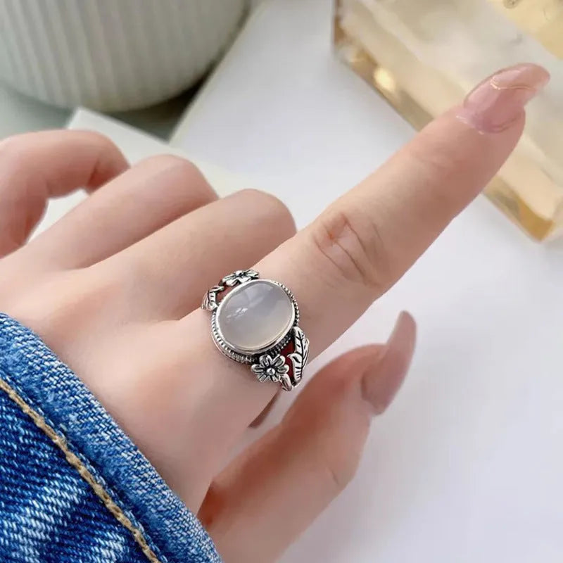 Adjustable copper vintage ring with imitation white chalcedony and antique finish