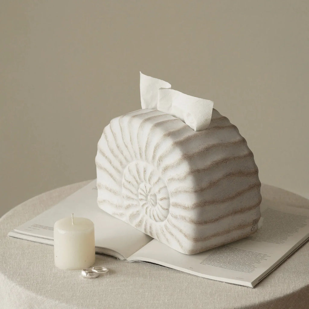 A modern conch ramble coloured resin tissue box for home or office desk organisation.