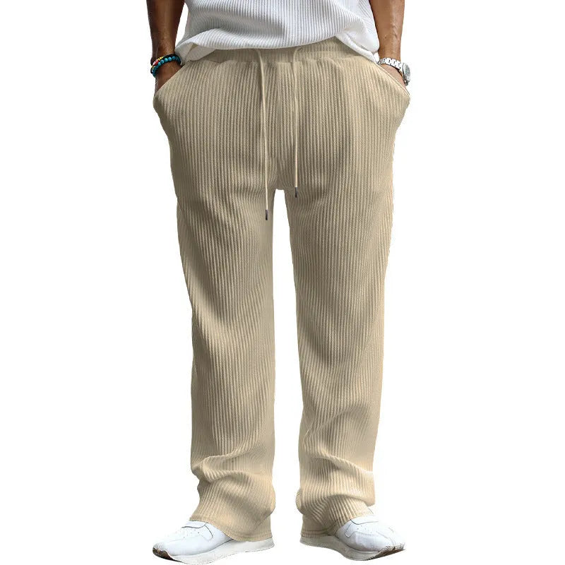Men's casual loose straight leg trousers in polyester with micro elasticity, shown in army green colour