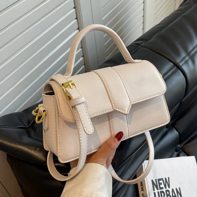 Women's beige PU leather horizontal square messenger bag with crossbody strap and external pocket