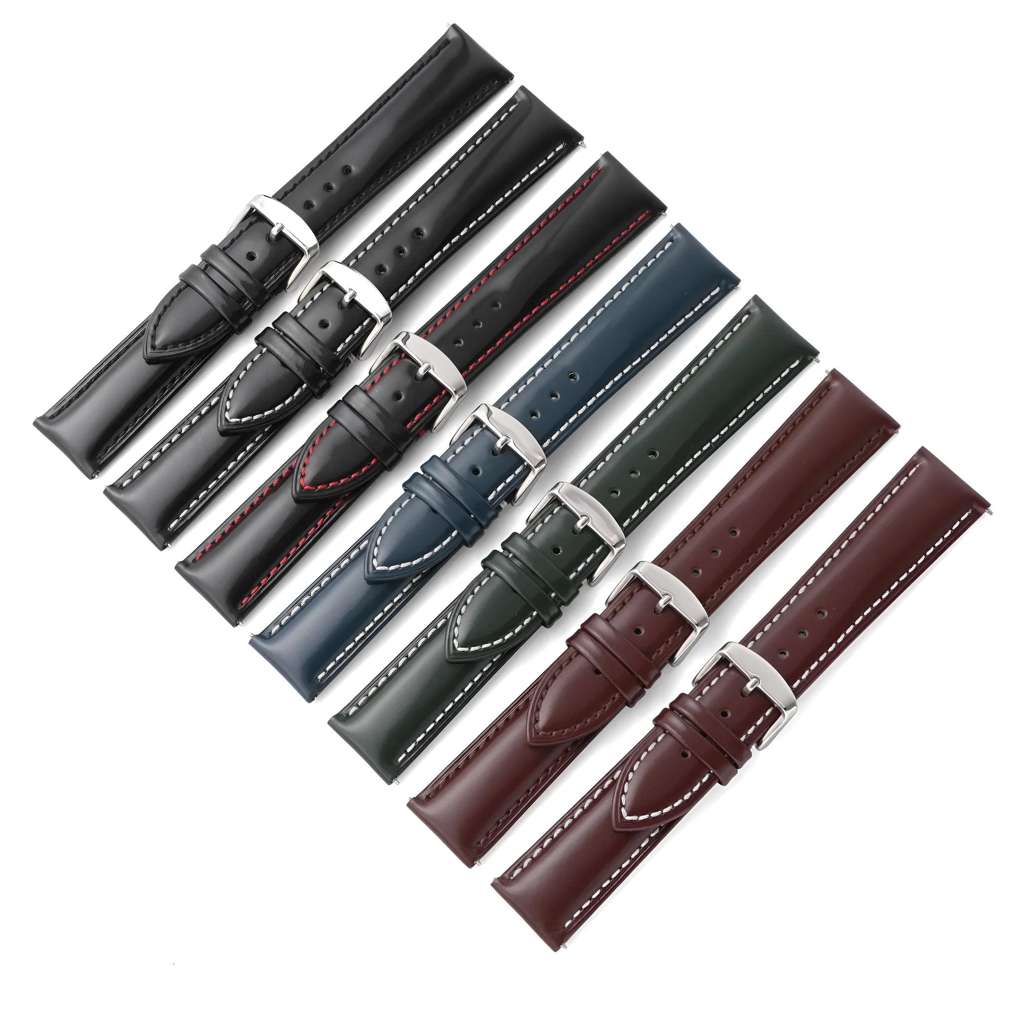 Quick-release cowhide leather watch strap in black with white accent line, showing the spring bar mechanism.