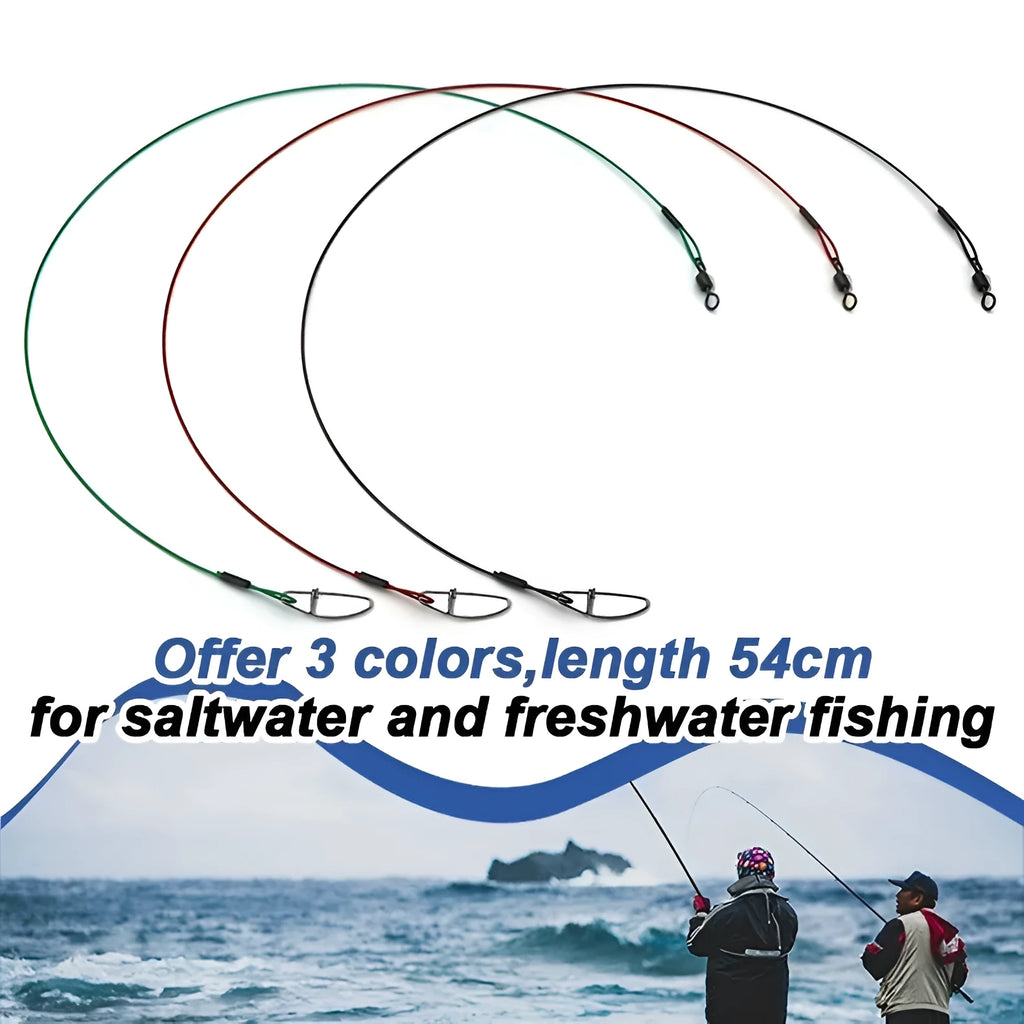 Set of 10 green anti-bite steel wire fishing accessories with double buckle pins, each 54cm long
