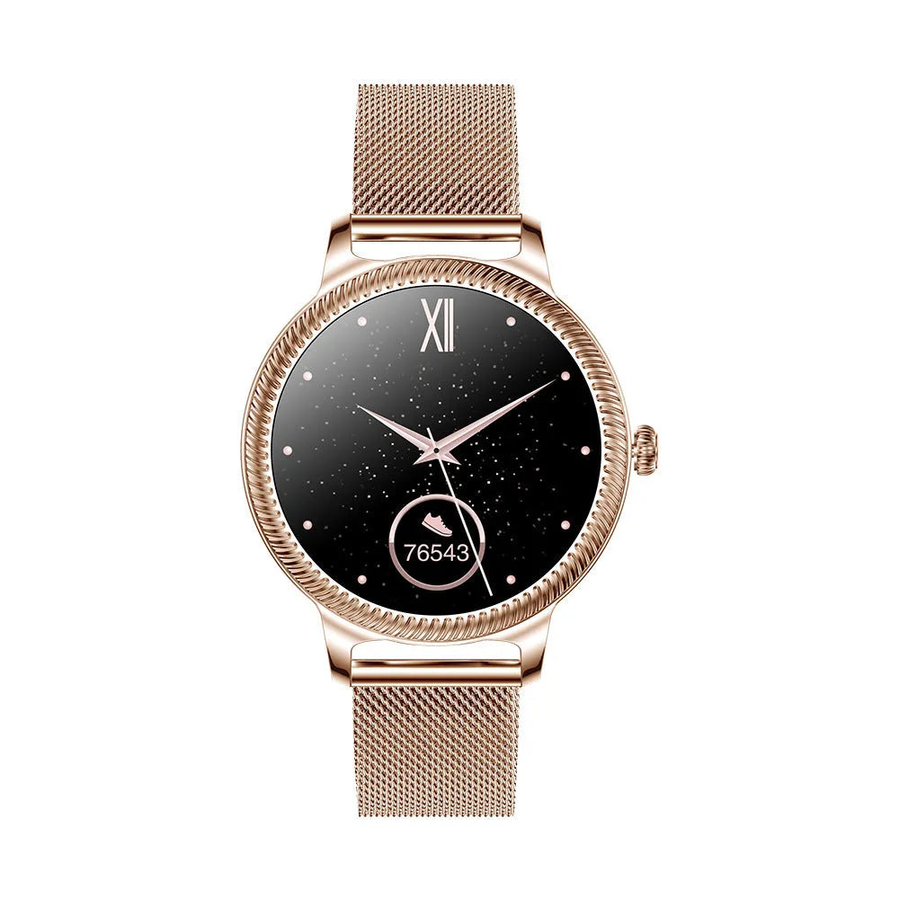 AK38 ladies smart watch with stainless steel Milanese strap and gold finish on wrist.