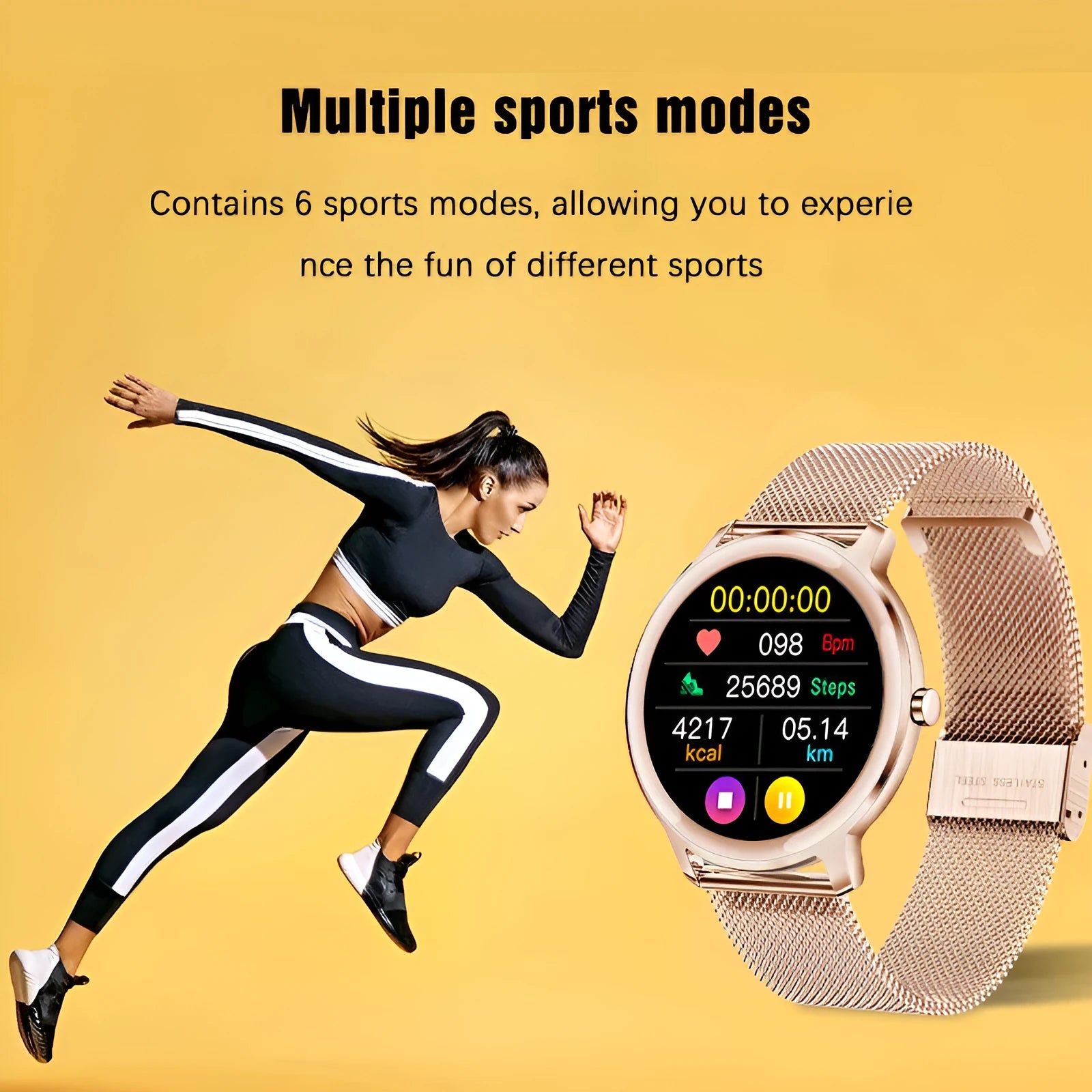 Women's silver smart watch with stainless steel wristband showing 1.3-inch touch screen display