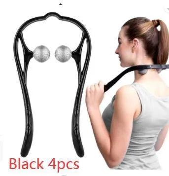 Blue plastic hand-held neck massager with adjustable rollers on a flexible stand.