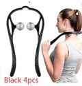 Blue plastic hand-held neck massager with adjustable rollers on a flexible stand.